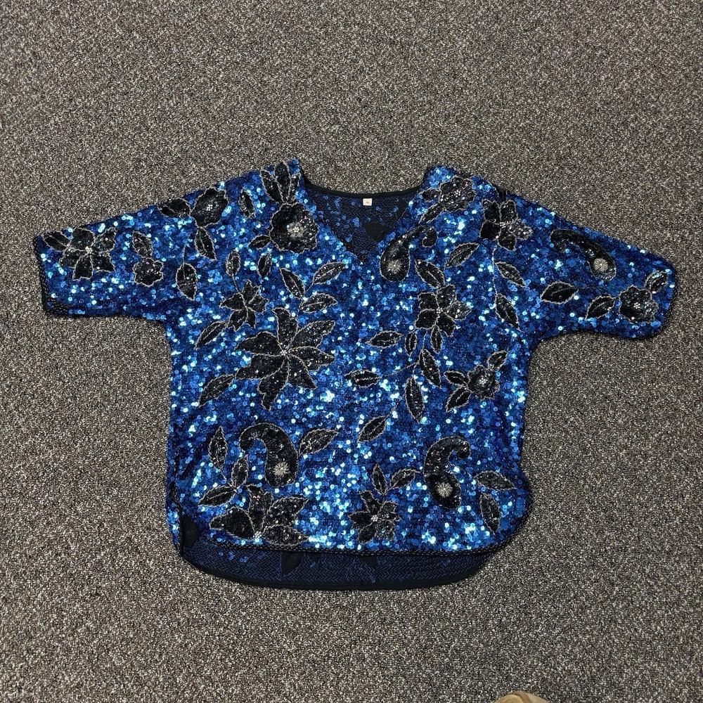 True Vintage 1970s Bedazzled Designer Shirt Floral Blue Black Short Sleeve Med